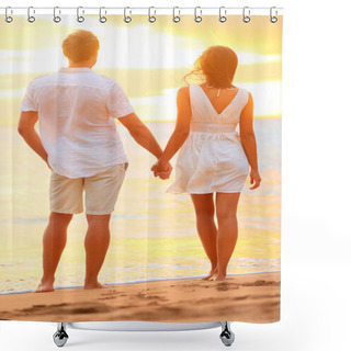 Personality  Young Couple Holding Hands At Beach Sunset Shower Curtains