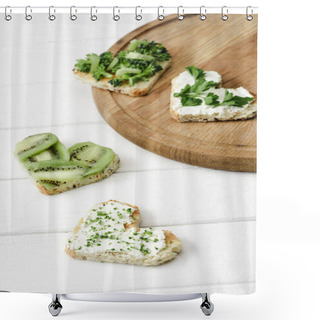 Personality  Selective Focus Of Heart Shaped Canape With Creamy Cheese, Broccoli, Microgreen, Parsley And Kiwi On Board On White Wooden Surface Shower Curtains