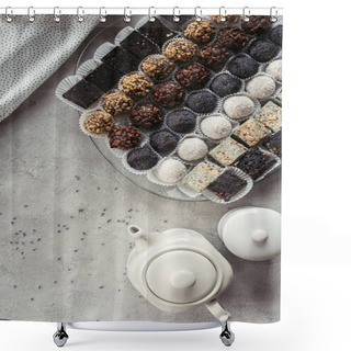 Personality  Flat Lay With Various Sweet Desserts On Plate, Teapot And Linen On Grey Surface Shower Curtains