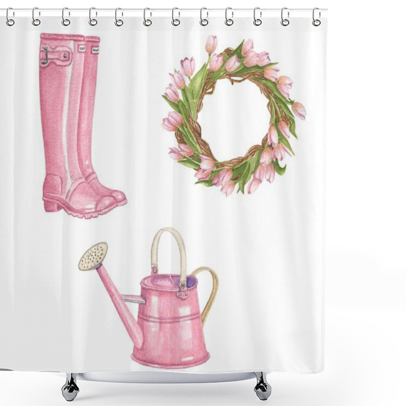 Personality  vector watercolor spring  boots watering can and flower decoration cliparts shower curtains