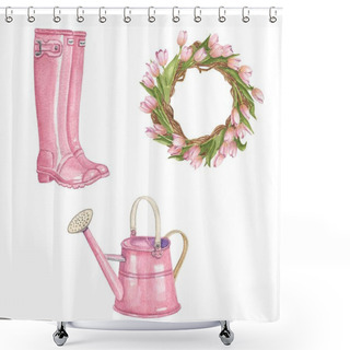Personality  Vector Watercolor Spring  Boots Watering Can And Flower Decoration Cliparts Shower Curtains