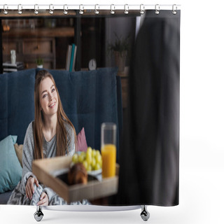 Personality  Cropped Image Of Boyfriend Carrying Tray With Breakfast To Girlfriend Shower Curtains
