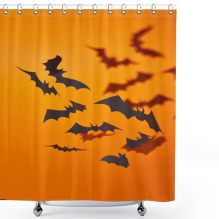Personality  Paper Bats With Shadow On Orange Background, Halloween Decoration Shower Curtains