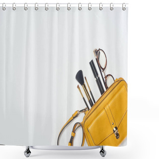 Personality  Top View Of Glasses, Mascara, Cosmetic Brushes And Yellow Bag On White Background Shower Curtains