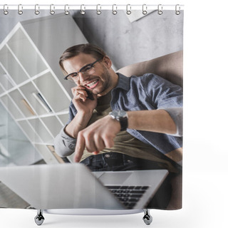 Personality  Angry Young Man Talking By Phone And Pointing At Laptop Shower Curtains