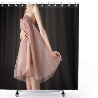 Personality  Midsection View Of Tender Girl Posing In Pink Chiffon Dress, Isolated On Grey Shower Curtains