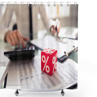 Personality  Close-up Of Red Cubic Block With Percentage Symbol In Front Of Businessperson Calculating Invoice Shower Curtains