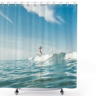 Personality  Distant View Of Male Surfer Riding Waves In Ocean At Nusa Dua Beach, Bali, Indonesia Shower Curtains