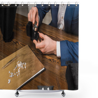 Personality  Cropped View Of Jewelry Appraiser Examining Jewelry Ring With Magnifying Glass Near Gemstones On Wooden Table  Shower Curtains