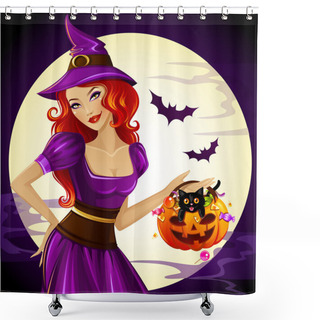 Personality  Witch With Pumpkin Bag And Cat Shower Curtains