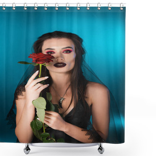 Personality  Brunette Woman With Dark Makeup Holding Red Rose On Blue Shower Curtains