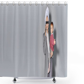Personality  Career And Family, Woman In Sunglasses Holding In Arms Toddler Daughter And Standing With Towel On Head, Balancing Lifestyle, Businesswoman Talking On Smartphone On Grey Background, Banner  Shower Curtains