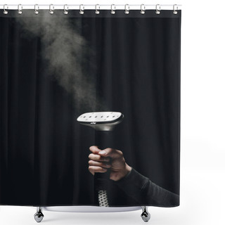 Personality  Close-up Partial View Of Person Holding Garment Steamer With Steam On Black Shower Curtains