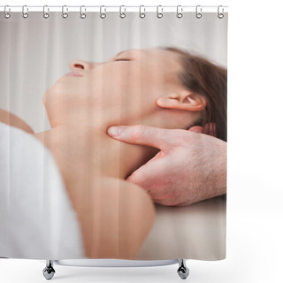 Personality  Close-up Of Doctor Pressing His Thumb On The Neck Of His Patient Shower Curtains