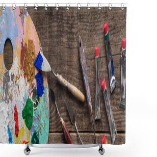 Personality  Top View Of Colorful Paints And Drawing Tools On Wooden Surface, Panoramic Shot Shower Curtains