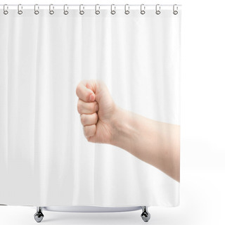 Personality  Cropped View Of Woman Showing Fist Isolated On White Shower Curtains