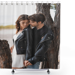 Personality  Selective Focus Of Young Couple In Leather Jackets Holding Hands Near Trees In Forest  Shower Curtains
