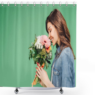 Personality  Smiling Woman Holding And Sniffing Flower Bouquet Isolated On Green Shower Curtains