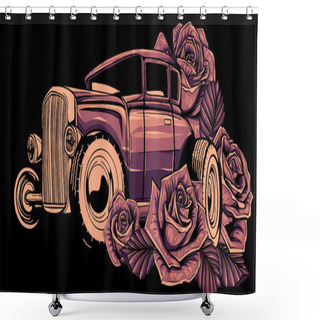Personality  Old School Car With Decorative Roses In Classic Style. Shower Curtains