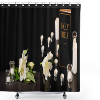 Personality  Lily, Candles And Holy Bible On Black Background, Funeral Concept, Banner Shower Curtains