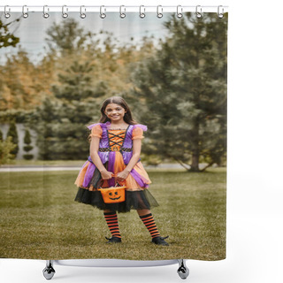 Personality  Cute Child In Halloween Costume Standing With Bucket Of Sweet Candies On Green Grass, Girl In Dress Shower Curtains