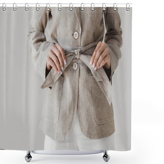 Personality  Cropped Image Of Woman Holding Belt Of Linen Jacket Isolated On Grey Background  Shower Curtains