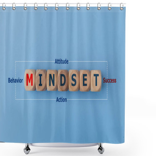 Personality  Wooden Cubes With The Word MINDSET On A Blue Background. Business Concept. Mindset Banner. Minimal Aesthetics. Attitude, Behavior, Action, Success, Mindset Concept Shower Curtains