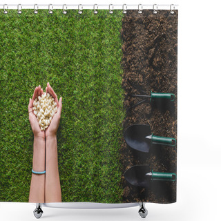 Personality  Cropped Image Of Woman Holding Seeds And Gardening Tools On Soil  Shower Curtains