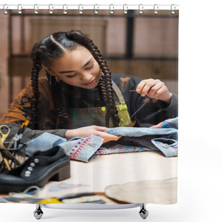 Personality  Young African American Craftswoman Embroidering Denim Jacket In Workshop  Shower Curtains