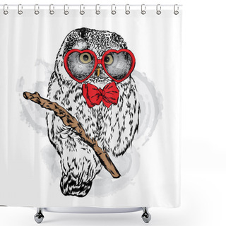 Personality  Cute Owl With Glasses Heart. Vector Illustration. Valentine's Day. Shower Curtains