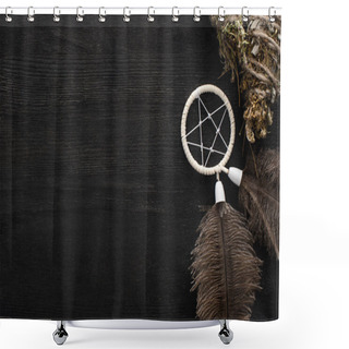 Personality  Top View Of Herbal Smudge Sticks And Dreamcatcher On Dark Wooden Surface Shower Curtains