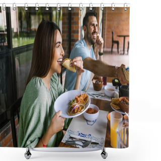 Personality  Young Latin Woman Eating Mexican Tacos On A Restaurant Terrace In Mexico Latin America, Feeling Happy On A Summer Day Shower Curtains