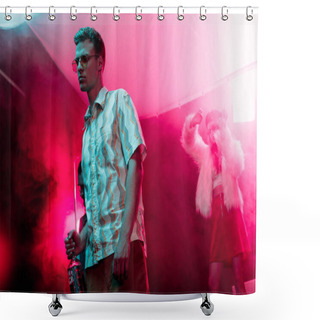Personality  Man In Sunglasses With Bottle Of Alcohol During Rave In Nightclub Shower Curtains