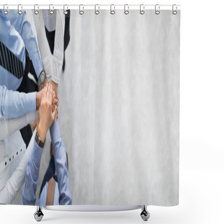Personality  Close Up Top View Of Young Business People Putting Their Hands Together. Stack Of Hands. Unity And Teamwork Concept. Shower Curtains