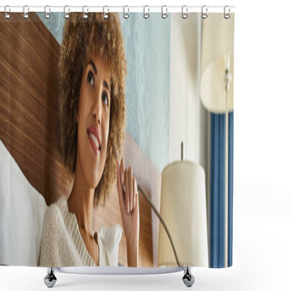 Personality  Dreamy And Happy African American Woman Holding Pen While Planning Her Next Trip, Banner Shower Curtains