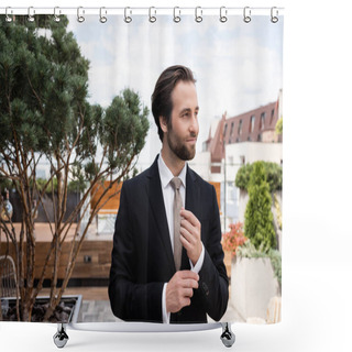 Personality  Bearded Groom Adjusting Sleeve Of Shirt On Terrace  Shower Curtains