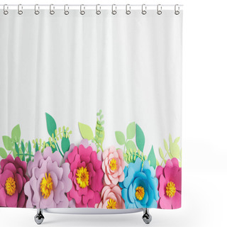 Personality  Top View Of Colorful Paper Flowers And Green Leaves On Grey Background Shower Curtains