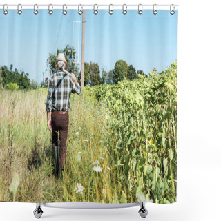 Personality  Back View Self-employed Man Holding Rack Near Green Field  Shower Curtains