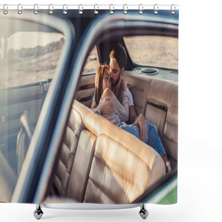 Personality  Romantic Couple Is Sitting In Green Retro Car On The Beach. Handsome Bearded Man And Attractive Young Woman In Vintage Classic Car. Stylish Love Story. Hugging And Kissing While Being In Car. Shower Curtains