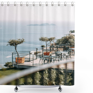 Personality  The Coast Of Positano, Amalfi In Italy. Panorama Of The Evening City And The Streets With Shops And Cafes. Houses By The Sea And The Beach. Ancient Architecture And Temples. View From A Postcard On Top Shower Curtains