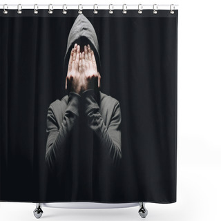 Personality  Cropped Shot Of Man In Hoodie Closing Eyes With Hands Isolated On Black Shower Curtains