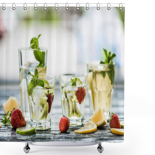 Personality  Close-up View Of Glasses With Fresh Cold Summer Beverages On Wooden Table Shower Curtains