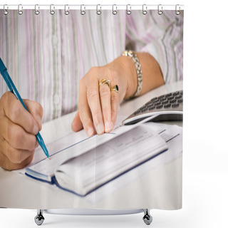 Personality  Senior Woman Writing Checks Shower Curtains