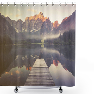Personality  Reflection Of Mountain Mangart In Lake Laghi Di Fusi Shower Curtains