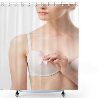 Personality  Cropped View Of Woman In Bra Holding Pink Ribbon Isolated On White Shower Curtains