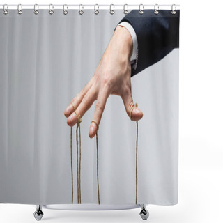 Personality  Partial View Of Puppeteer In Suit With Strings On Fingers Isolated On Grey Shower Curtains