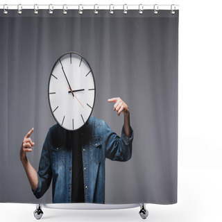 Personality  Man With Clock Near Face Pointing With Fingers On Grey Background, Concept Of Time Management  Shower Curtains