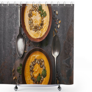 Personality  Top View Of Bowls With Tasty Pumpkin Soup, Spoons And Spices On Dark Surface Shower Curtains