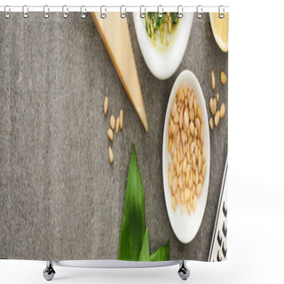 Personality  Top View Of Pesto Sauce Raw Ingredients, Grater On Grey Surface, Panoramic Shot Shower Curtains