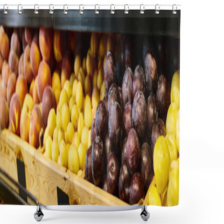 Personality  Object Photo Of Vibrant Grocery Stall With Fresh Delicious Plums, Lemons And Peaches, Banner Shower Curtains